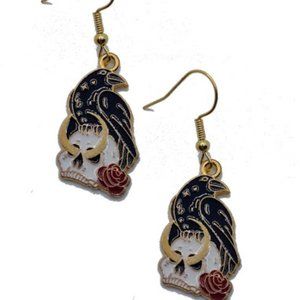 Black crow on a skull dangle earring set